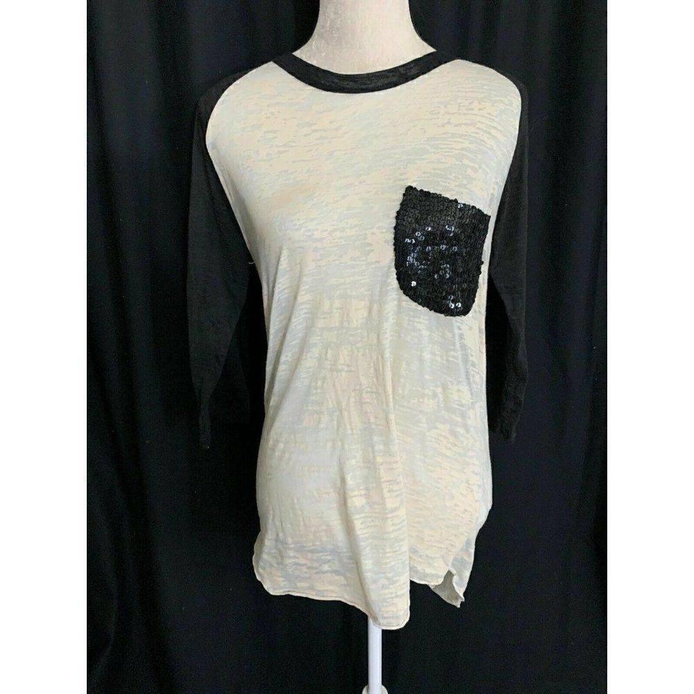 Son Of John Anthropologie Womens Beige Black Sequin Long Sleeve Top T Shirt 1